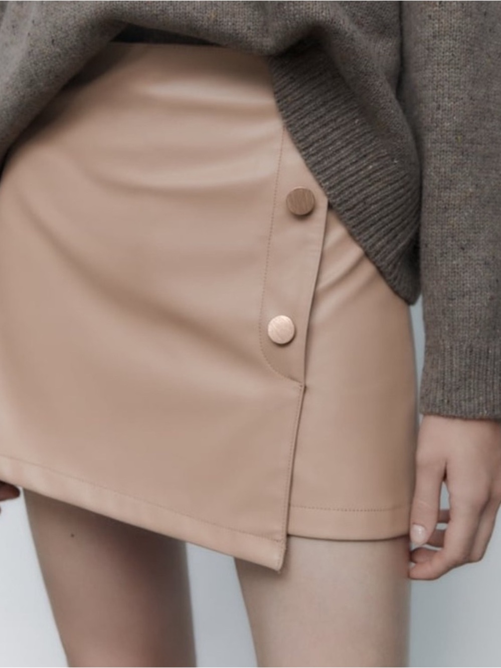 Beige Button-Detail Faux Leather Skort